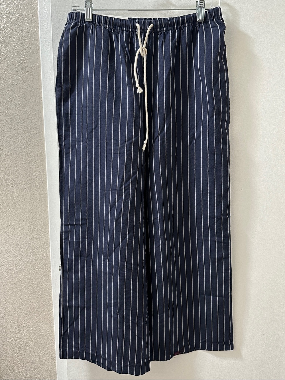 Navy Pinstripe Drawstring Wide Leg Pants